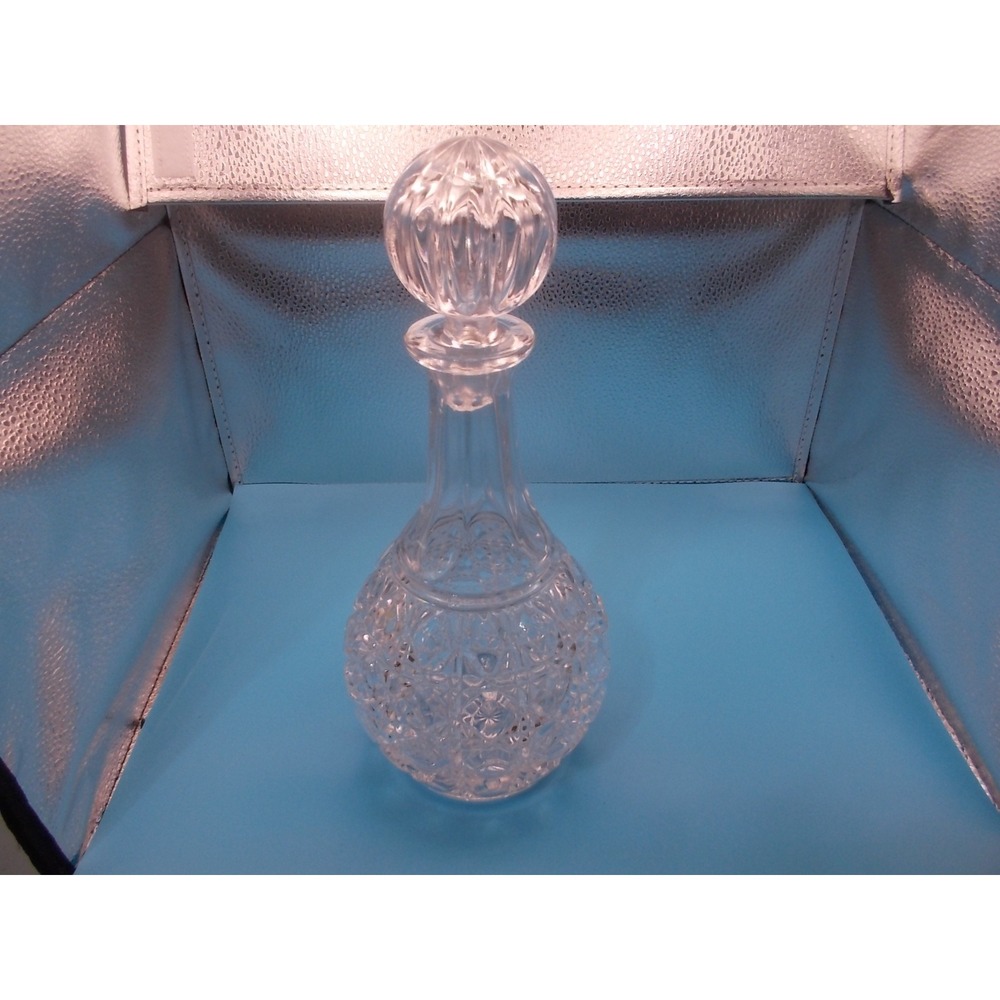 Vintage Cut Crystal Liquor Decanter with Round Stopper Diamond Starburst 11in